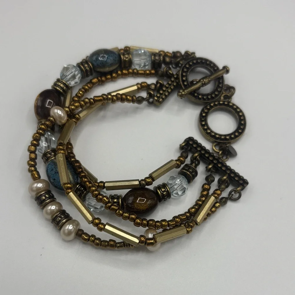Multi-Row Gold and Blue Beaded Women’s Bracelet